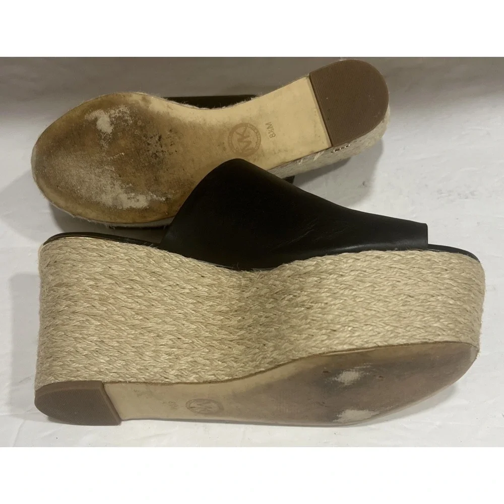 Michael Kors Cunningham Black Leather Platform Wedge Heel Jute Logo Open Toe 8.5